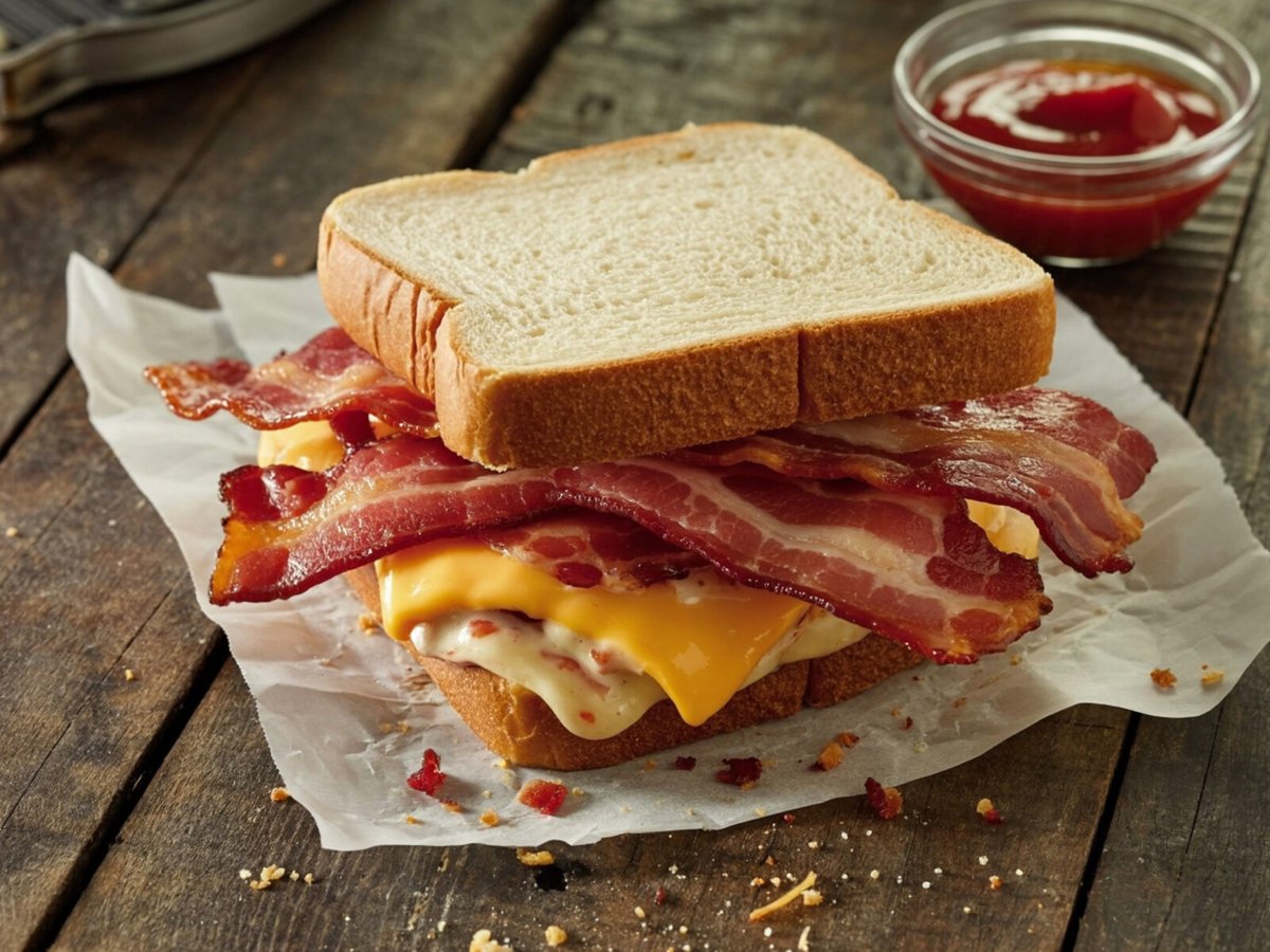 Bacon and cheese sandwich on rustic wooden table