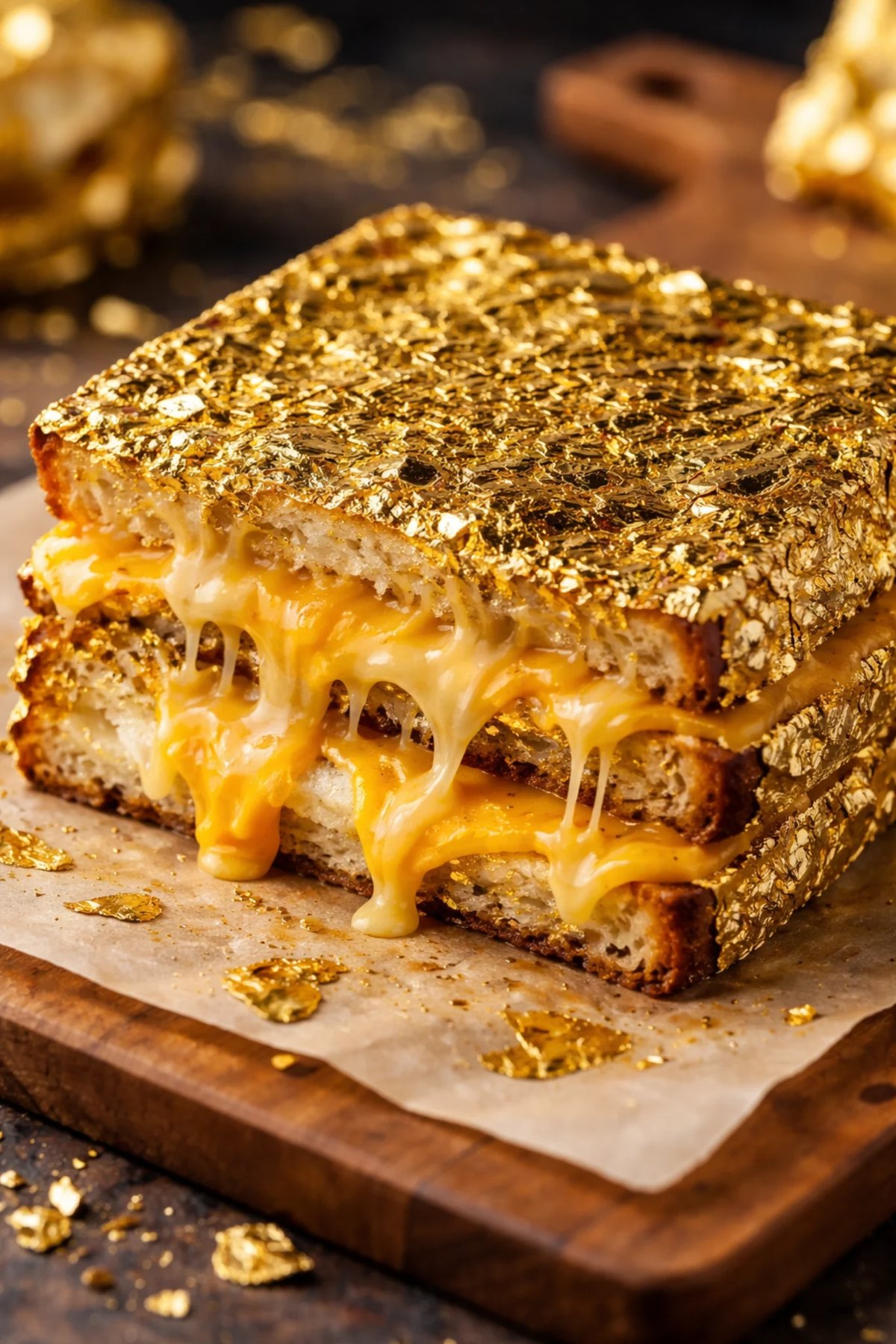 Grilled cheese sandwich with melted cheddar on gold-dusted bread, served on parchment paper atop a wooden board